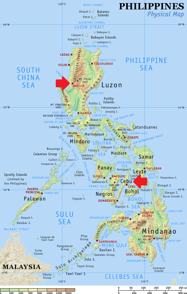 from Wikimedia Commons / Physical map of the Philippines, showing all the major and some minor islands, bodies of water, mountains, and some major cities. / Jun 20 2003 / Eugene Alvin Villar