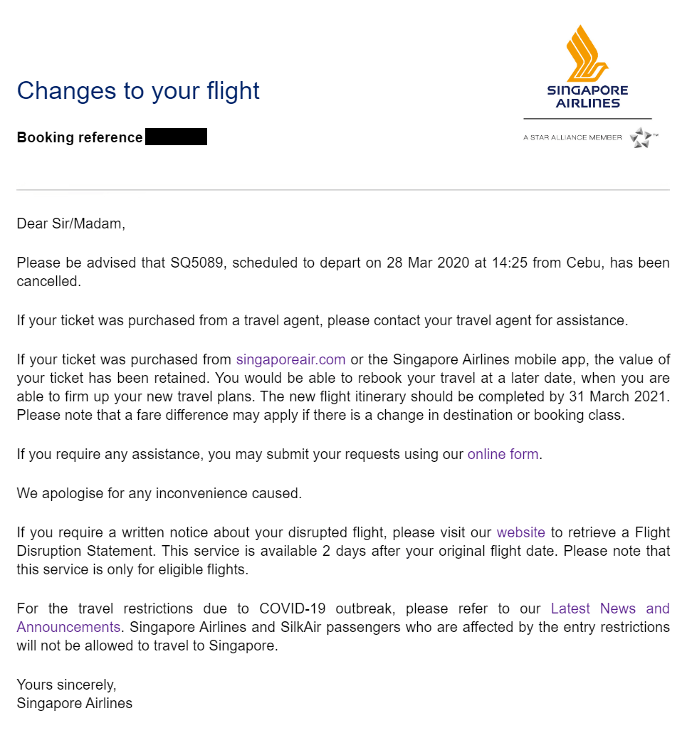Mail form Singapore Airlines